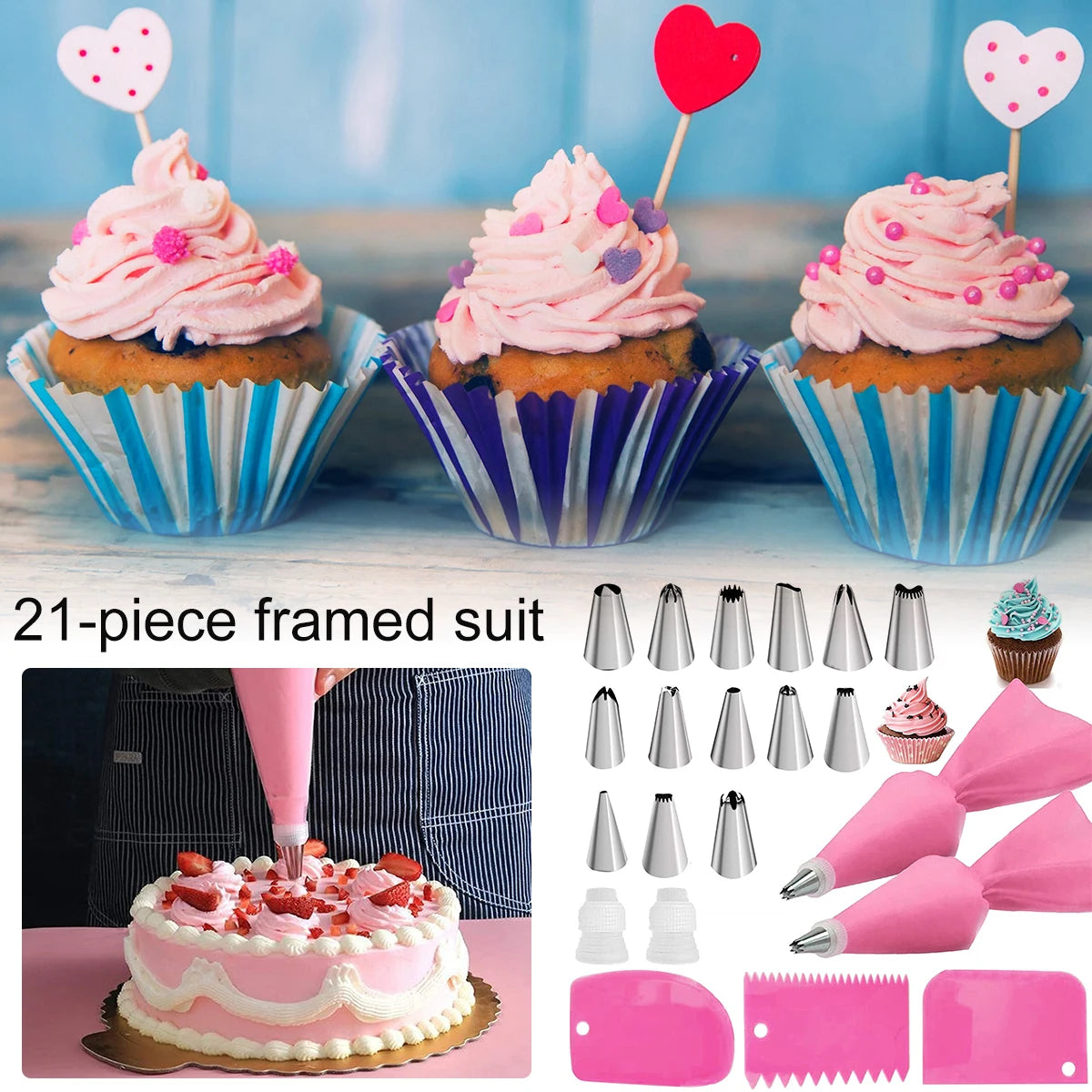 21-Piece Piping Bags & Tips Set – Cake Decorating Kit Cake Decorating Kit Nixie