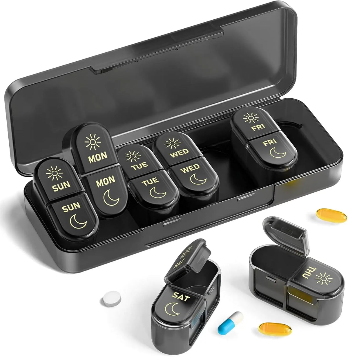 7-Day AM/PM Pill Organizer – 14-Compartment Weekly Pill Box Weekly Pill Organizer Nixie Black