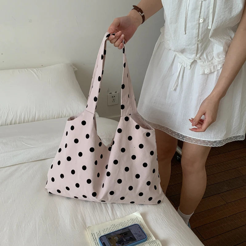 Korean Polka Dot Canvas Tote Bag – Retro Minimalist Shoulder Bag Canvas Tote Bag Nixie