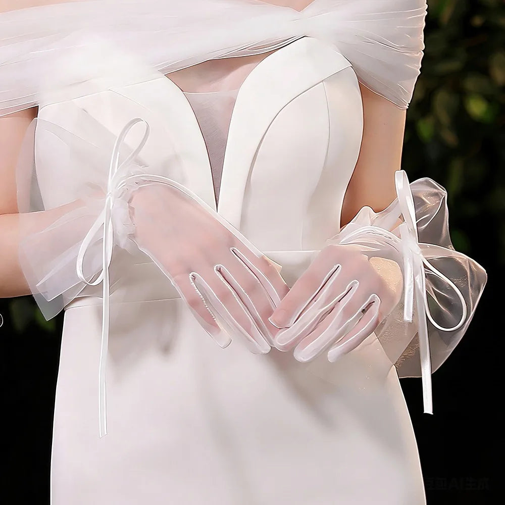 Elegant White Lace Bridal Gloves with Pearls & Ruffles Bridal Gloves Nixie 2