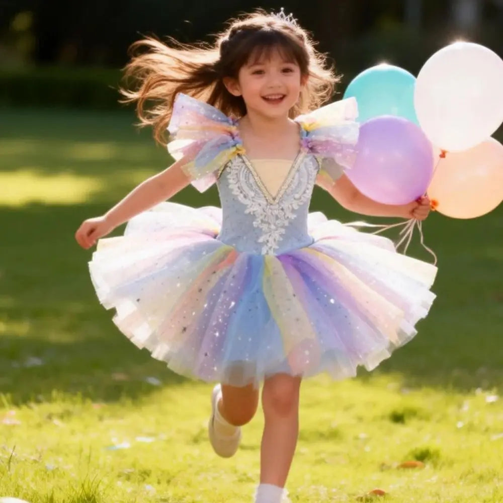 Sequin Kids Ballet Tutu Dress – Rainbow Party Performance Kids Ballet Dress Nixie