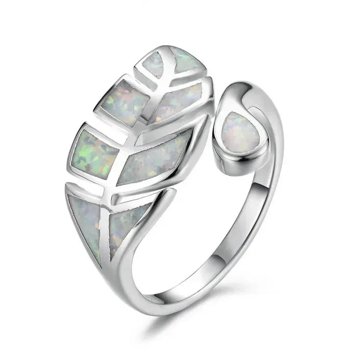White Simulated Opal Leaves Ring | Adjustable Silver Band