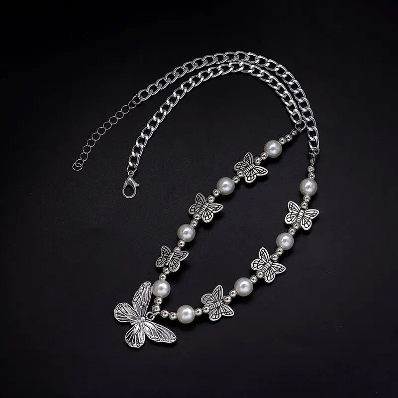 2PC Antique Silver Butterfly Faux Pearl Choker Necklace Set Choker Necklace Set Nixie