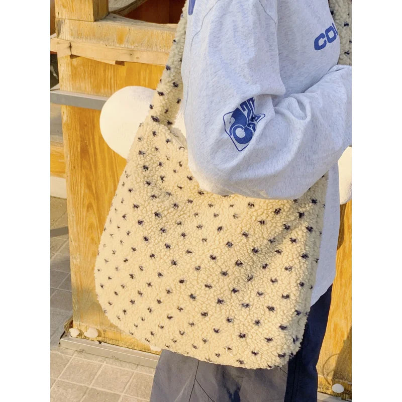 Korean Polka Dot Plush Crossbody Bag – Vintage Shoulder Bag Plush Crossbody Bag Nixie