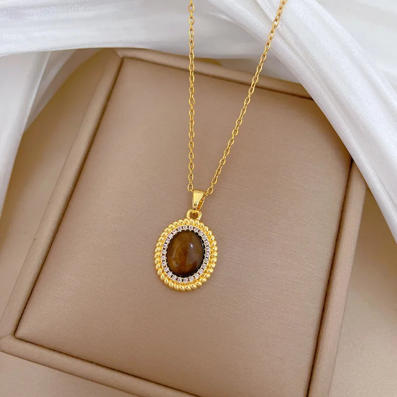 Oval Zircon Pendant Necklace | Gold-Plated Clavicle Chain Pendant Necklace Nixie