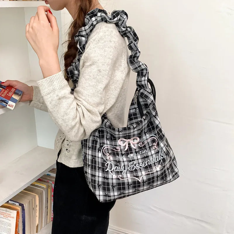Korean Retro Plaid Canvas Tote Bag – Large Women's Shoulder Bag Canvas Tote Bag Nixie