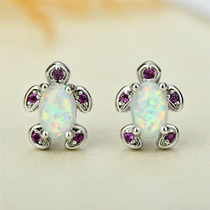 Turtle Stud Earrings – Vintage Simulated Opal Glass, Silver Plated Stud Earrings Nixie