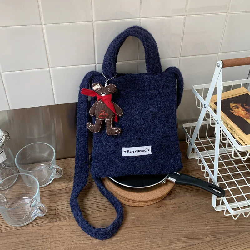 Women's Plush Mini Crossbody Bag | Korean Style Cute Shoulder Bag Plush Crossbody Bag Nixie Dark Blue