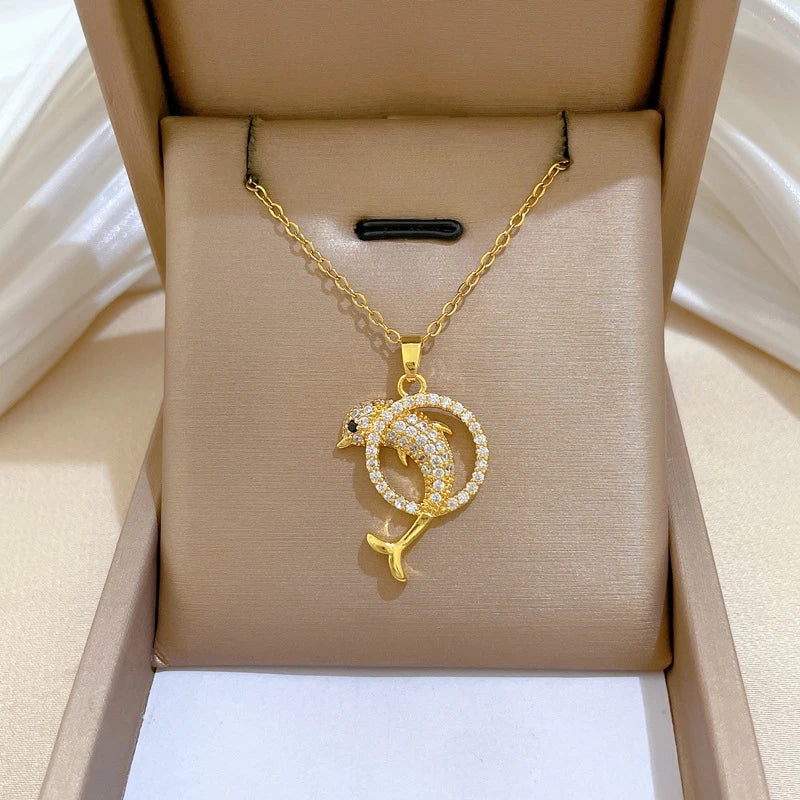 Dolphin Hoop Pendant Necklace Gold Stainless Steel Clavicle Chain Pendant Necklace Nixie