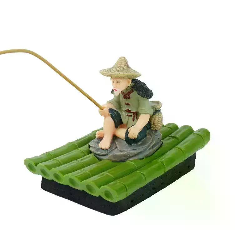 Bamboo Raft Fisherman PVC Figurine | Pond & Aquarium Decor Garden Figurine Nixie
