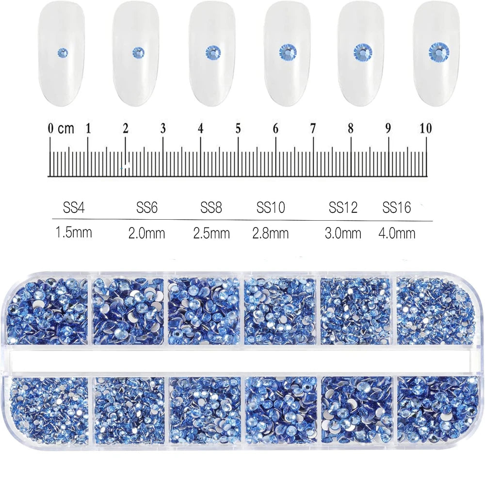 Champagne Crystal Nail Rhinestones 12-Grid SS4-SS16 Flatback Gems Set Nail Art Rhinestones Nixie PH206-8