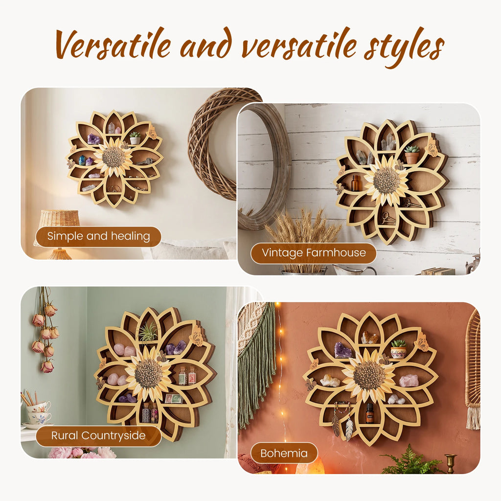 Sunflower Crystal Wall Shelf – Boho Farmhouse Wood Wall Decor Decorative Wall Shelf Nixie