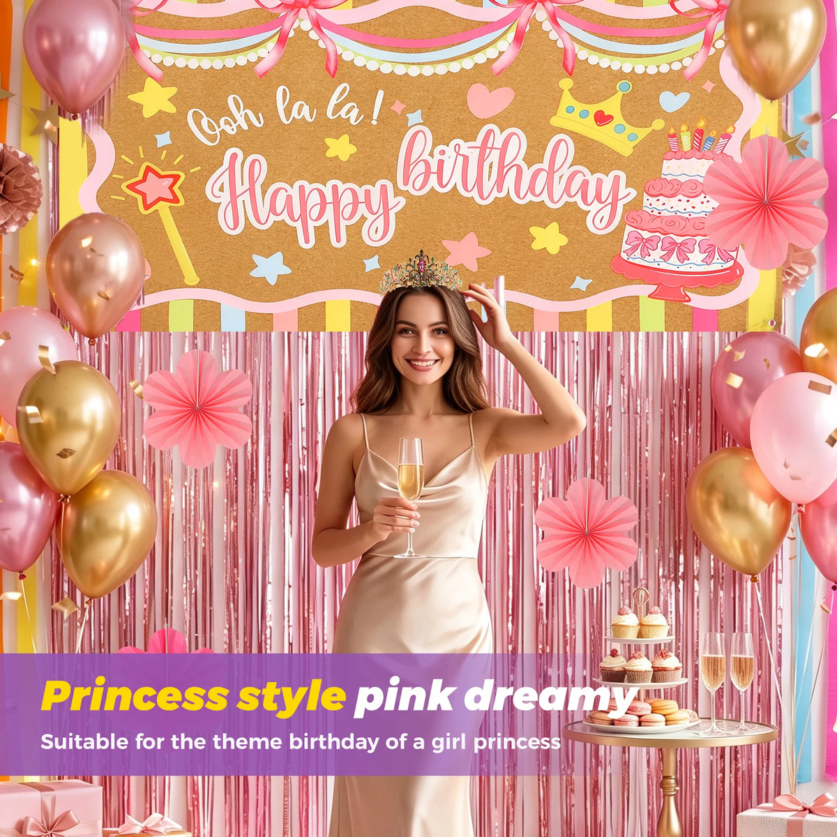 Birthday Party Decoration Kit – Backdrop, Fringe & Crown