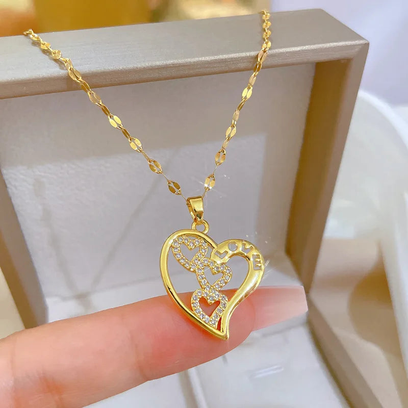 Women's Gold Heart Pendant Necklace | Copper & Zircon Choker Pendant Necklace Nixie