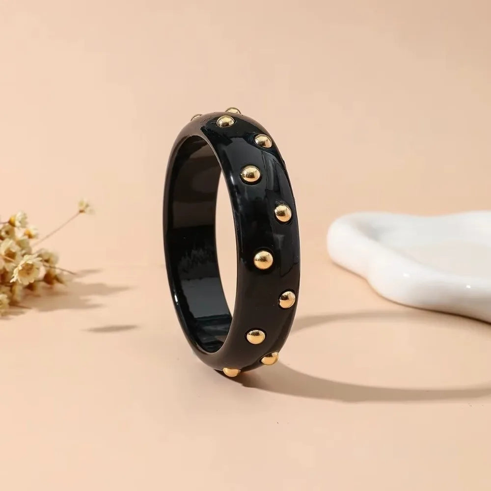 Punk Chunky Resin Bangle with Gold Bead Inlay | Wide Acrylic Resin Bangle Nixie