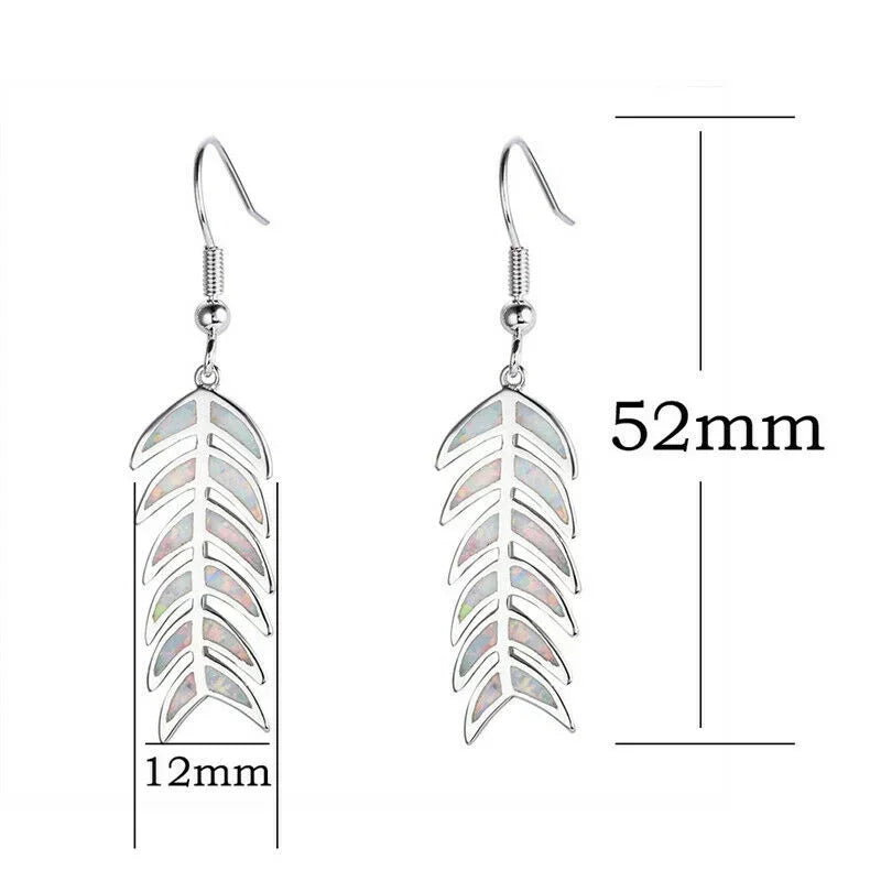 Vintage Simulated Opal Feather Dangle Drop Earrings | Retro Dangle Drop Earrings Nixie