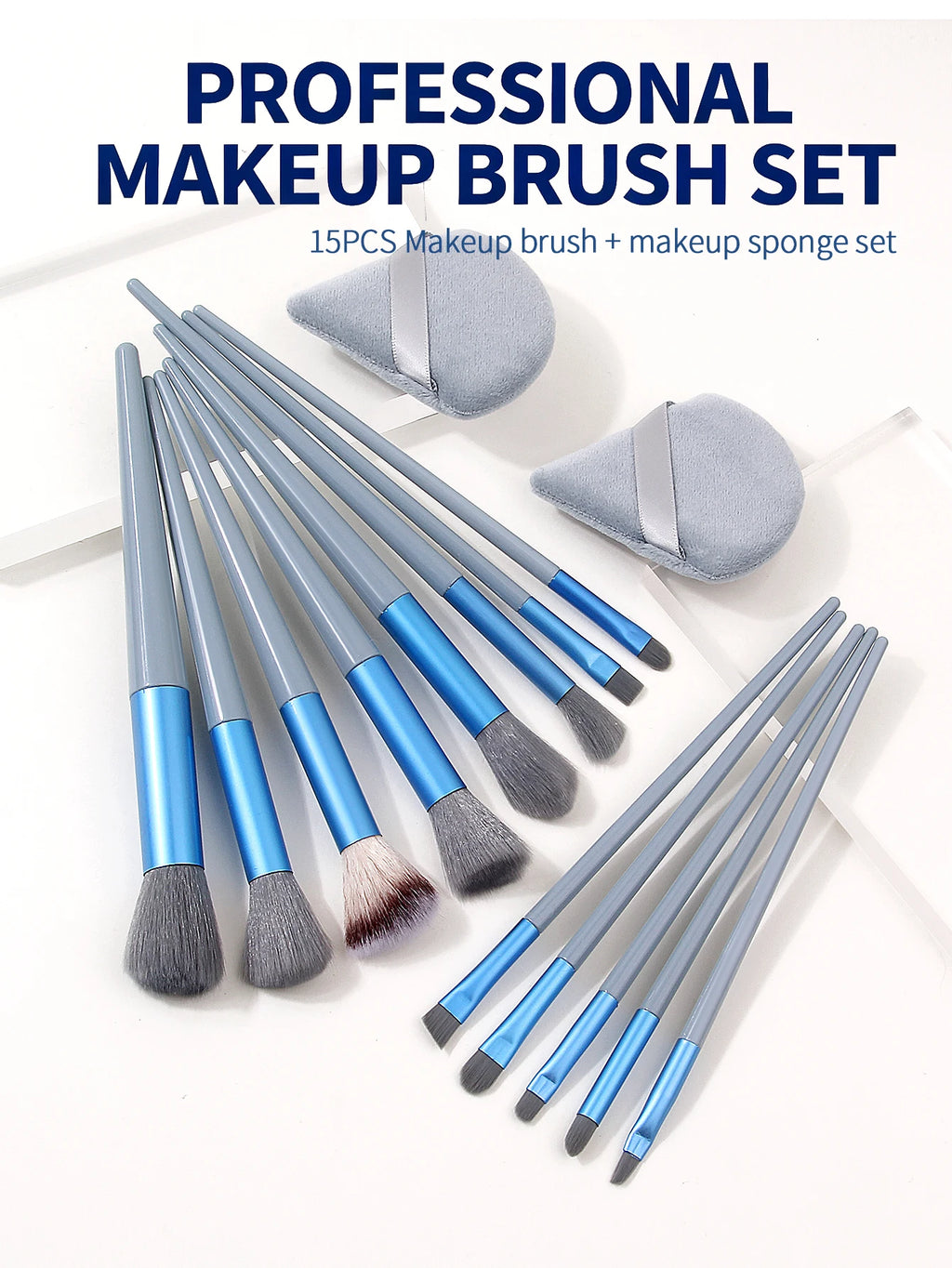 15Pc Makeup Brush Set + 2 Triangle Puffs | Pro Synthetic Kit Makeup Brush Set Nixie