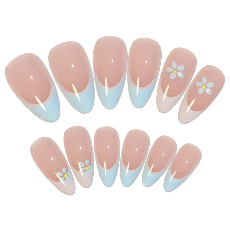Handmade Nude Blue Floral Press-On Nails L – 24 Pcs Set Press-On Nails Nixie