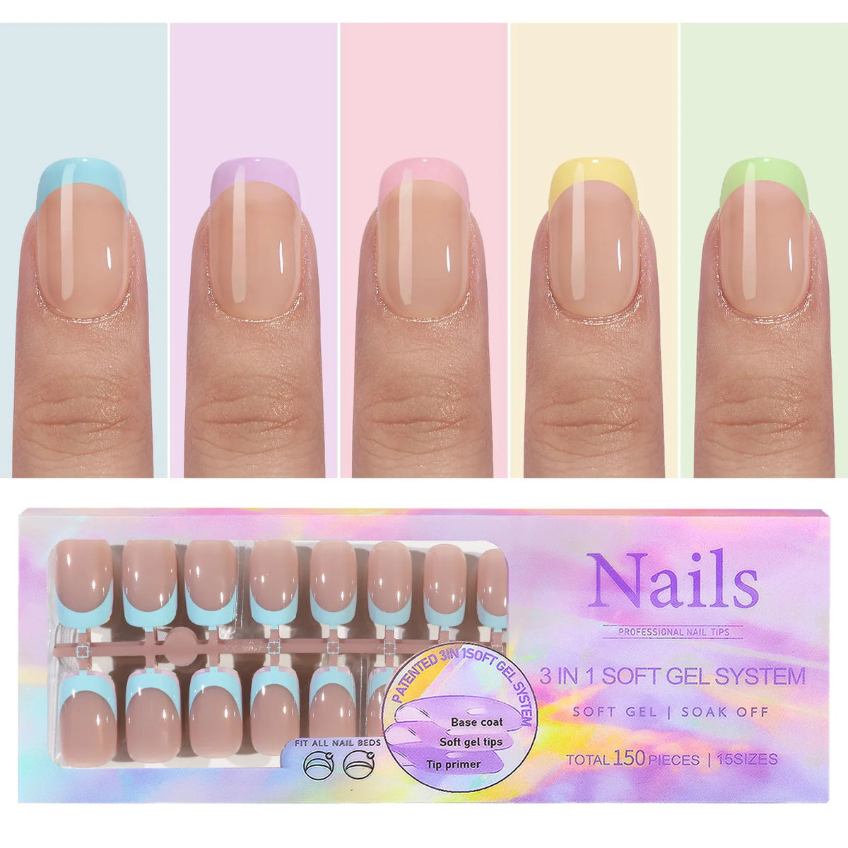 150pcs Press On Nails Set – 6 Colors Almond French Tips Press On Nails Nixie B-07-150PCS