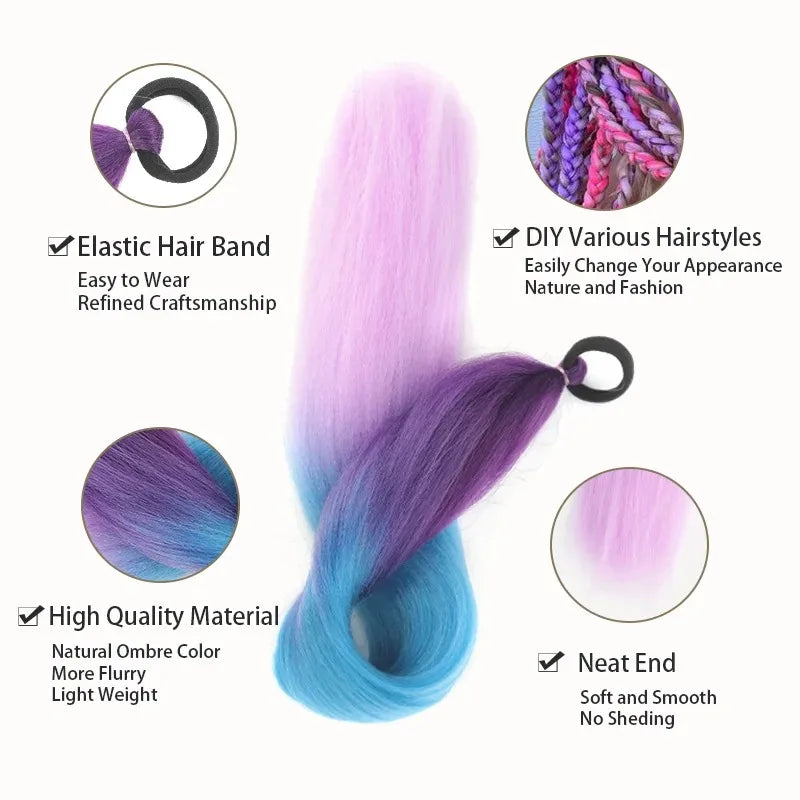 26" Synthetic Ponytail Extension Ombre Pink Purple Blue | Kanekalon Ponytail Hair Extension Nixie