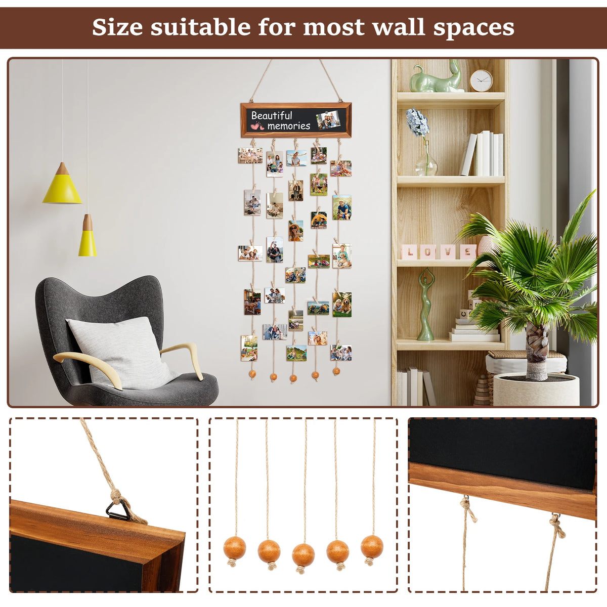 Rustic Wood Photo Display Board Collage Wall Decor with Clips