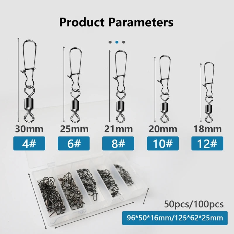50pcs Fishing Swivel Snap Connector Pins – Sizes 4# to 12# Fishing Swivel Snaps Nixie