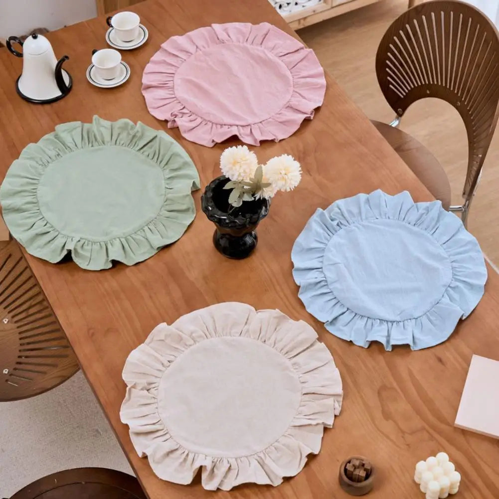 Rustic Round Placemat Ruffled Trim Washed Cotton Table Mat 15"