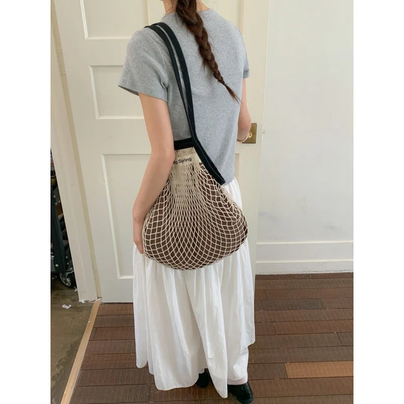 Women's Hollow Mesh Woven Tote – Large Beach Shoulder Bag