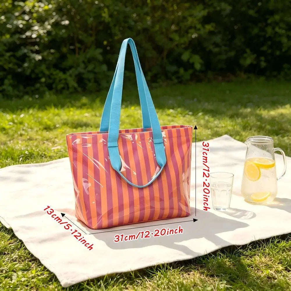 Striped Waterproof PVC Beach Tote Bag | Shoulder Handbag Beach Tote Bag Nixie