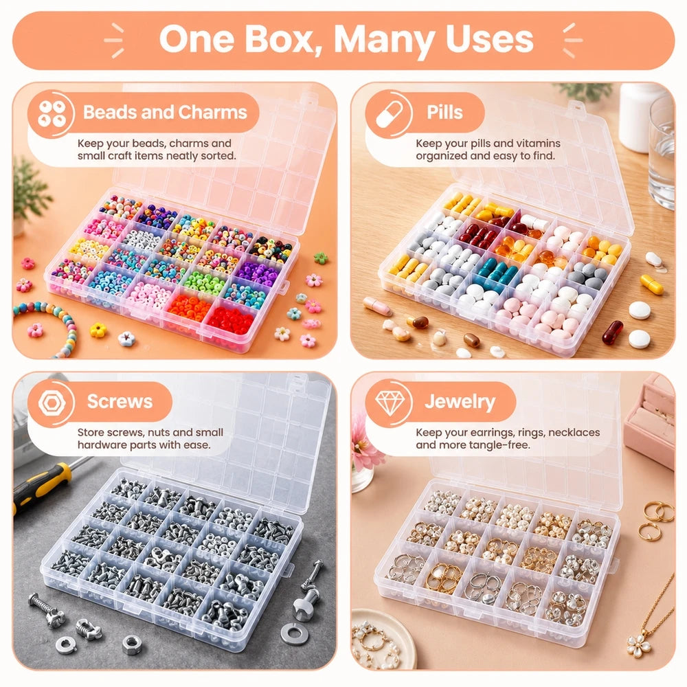 Transparent 28-Grid Box with Card Holders – Nail, Bead & Jewelry Compartment Storage Box Nixie