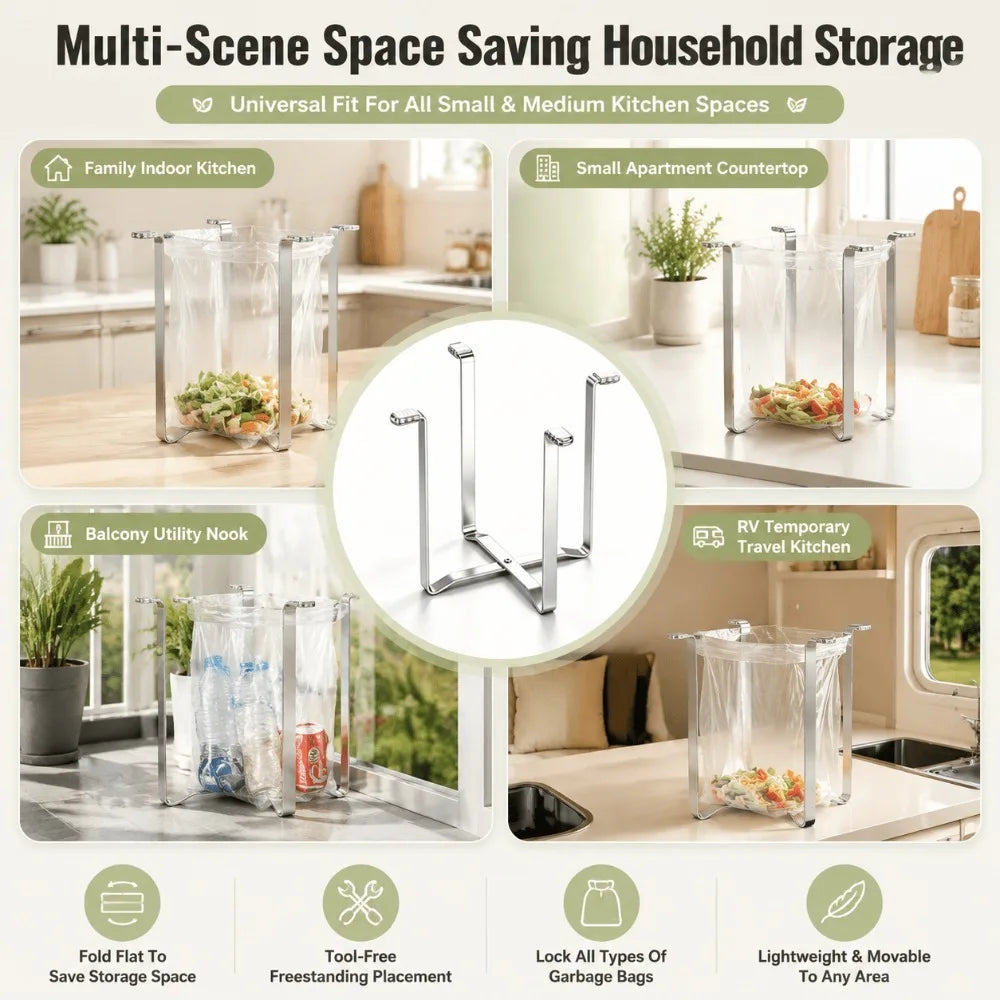 Foldable Stainless Steel Garbage Bag Holder Kitchen Organizer