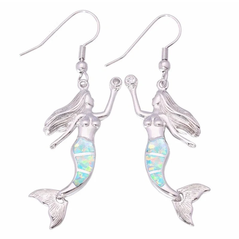 Women's Mermaid Simulated Opal Silver Long Drop Earrings