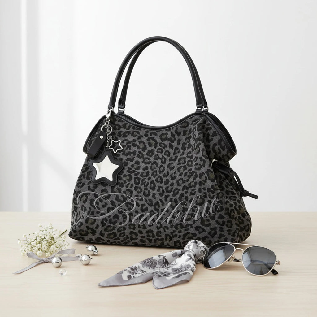 Y2K Leopard Print Tote Bag Large Capacity Women's Shoulder Bag Women's Tote Bag Nixie Black 1