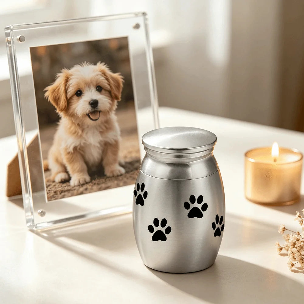 Mini Stainless Steel Pet Cremation Urn – Paw & Heart Patterns Pet Memorial Urn Nixie