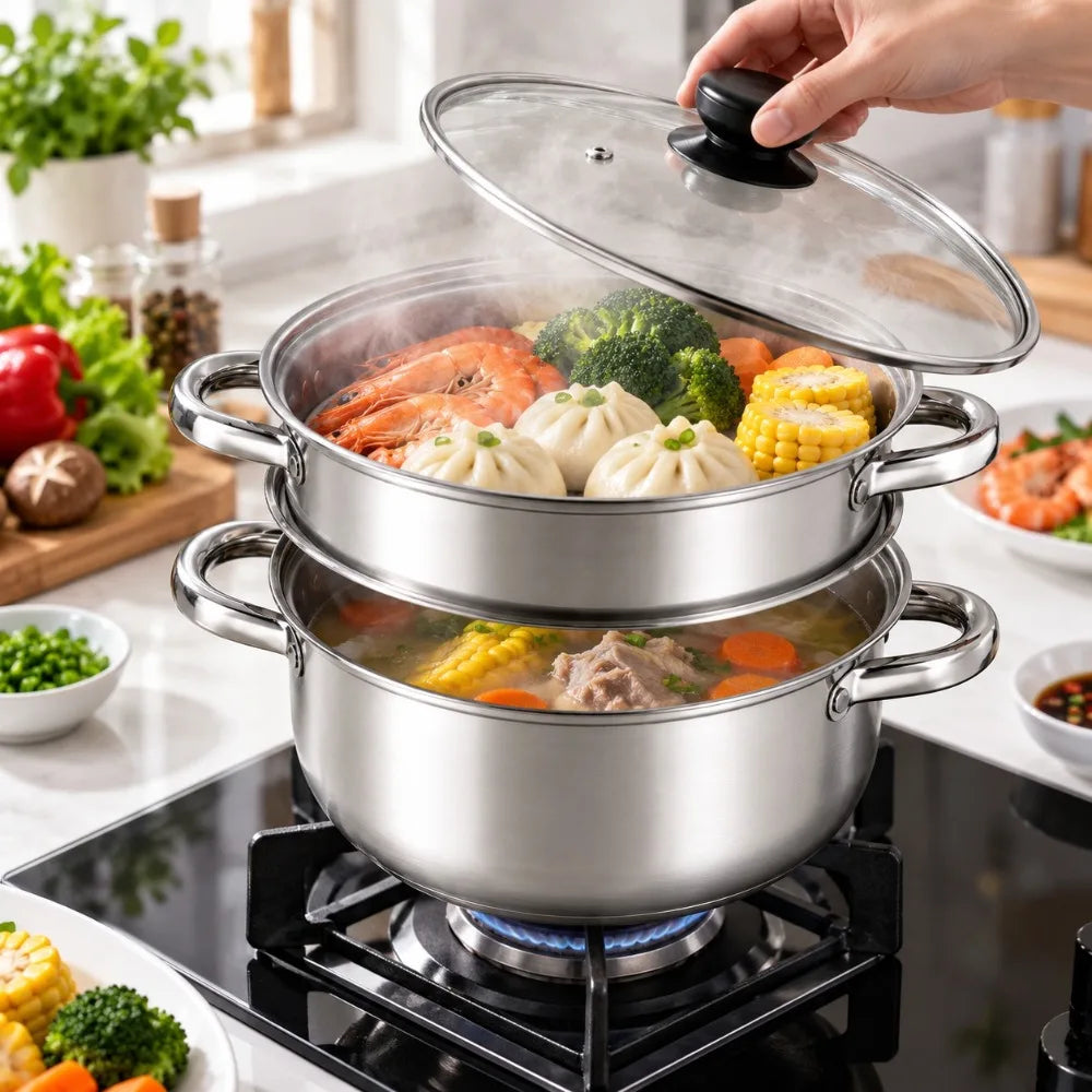 3-Piece Stainless Steel Steamer Pot Set with Glass Lid & Induction