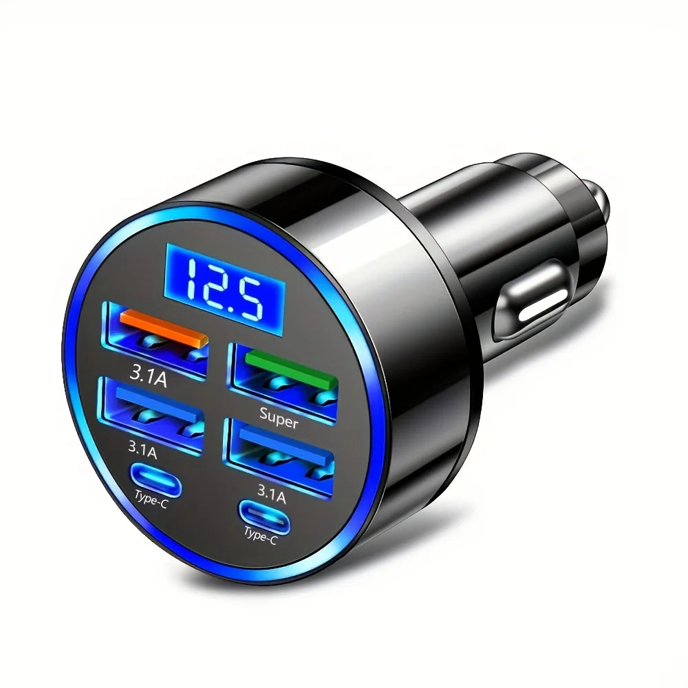 6-in-1 Fast Charging Car Adapter 3.1A Dual USB-C Digital Display Car Charger Adapter Nixie