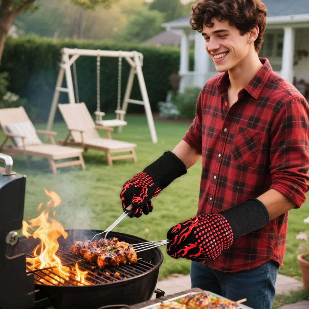 BBQ Gloves Heat & Cut Resistant Non-Slip Silicone Oven Mitts BBQ Oven Mitts Nixie