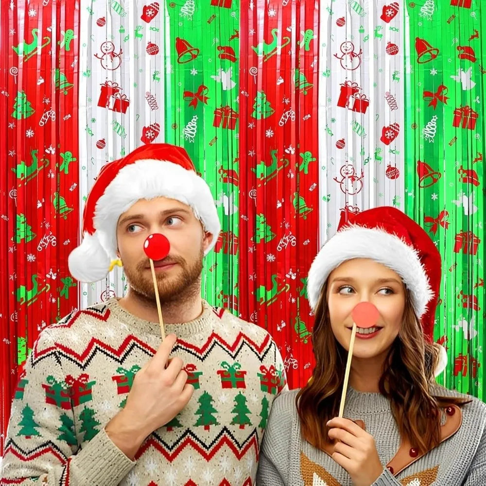 Christmas Foil Fringe Curtains | Tinsel Photo Booth Backdrop 2pc Holiday Party Decor Nixie