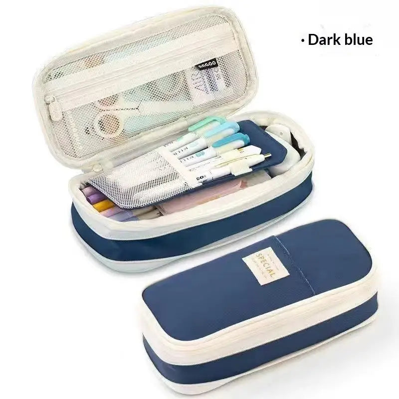 Striped Devil Horn Pencil Case Large Capacity Pouch 2-Pack Pencil Case Pouch Nixie Dark blue