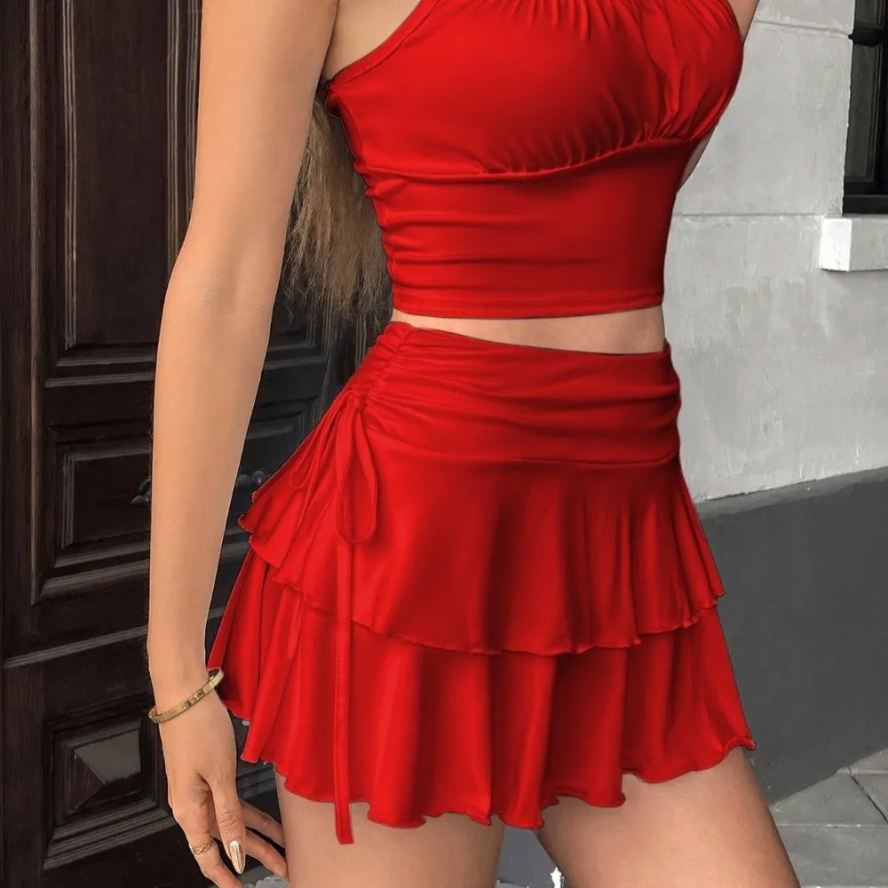 Women's High Waist Ruffle Pleated Mini Skirt – Slim Fit Pleated Mini Skirt Nixie Red S