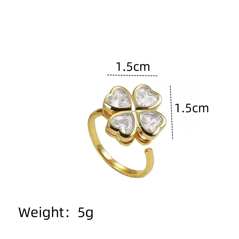 Four-Leaf Zircon Adjustable Open Ring | Gold & Silver