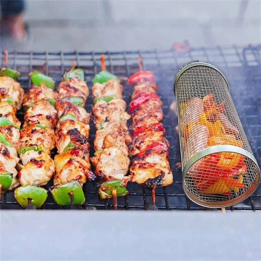 Rolling BBQ Grill Basket – Stainless Steel Cylindrical Mesh Rack