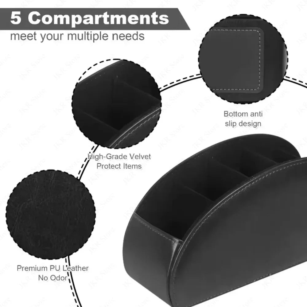 5-Compartment PU Leather Remote Control Holder & Desk Organizer