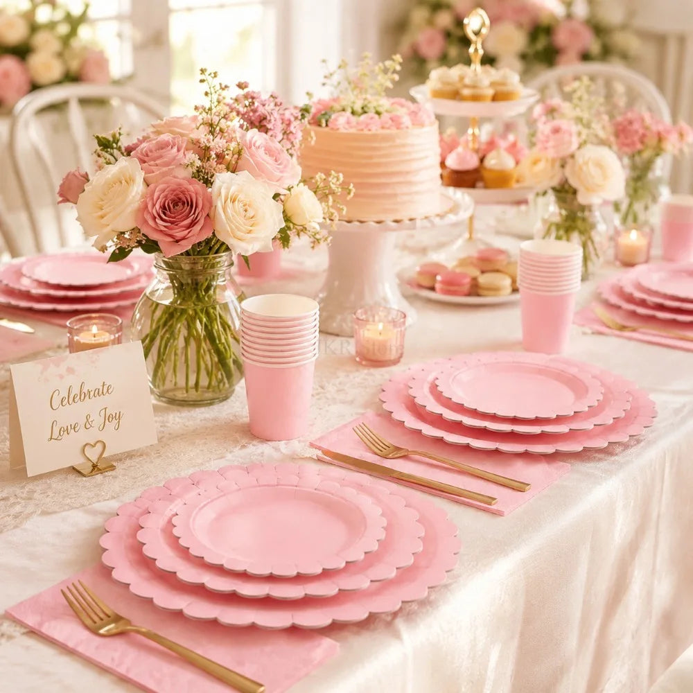 Pink Scalloped Disposable Tableware Set – Plates, Cups & Napkins Disposable Tableware Set Nixie