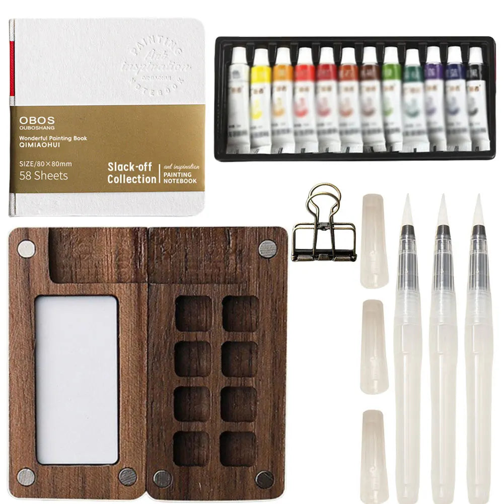 Travel Watercolor Palette Set – Portable Wooden 8/15 Grid Kit Watercolor Paint Set Nixie 8grids 12colors