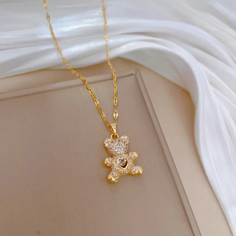 Heart Bear Pendant Gold Choker Necklace – Stainless Steel Pendant Choker Necklace Nixie