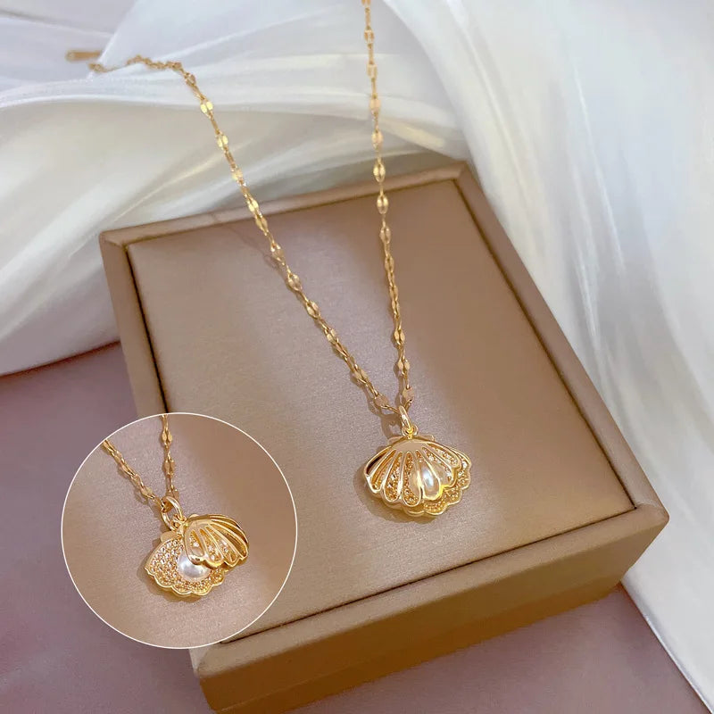 Zircon Shell Pearl Clavicle Necklace – Gold Stainless Steel Pendant Necklace Nixie