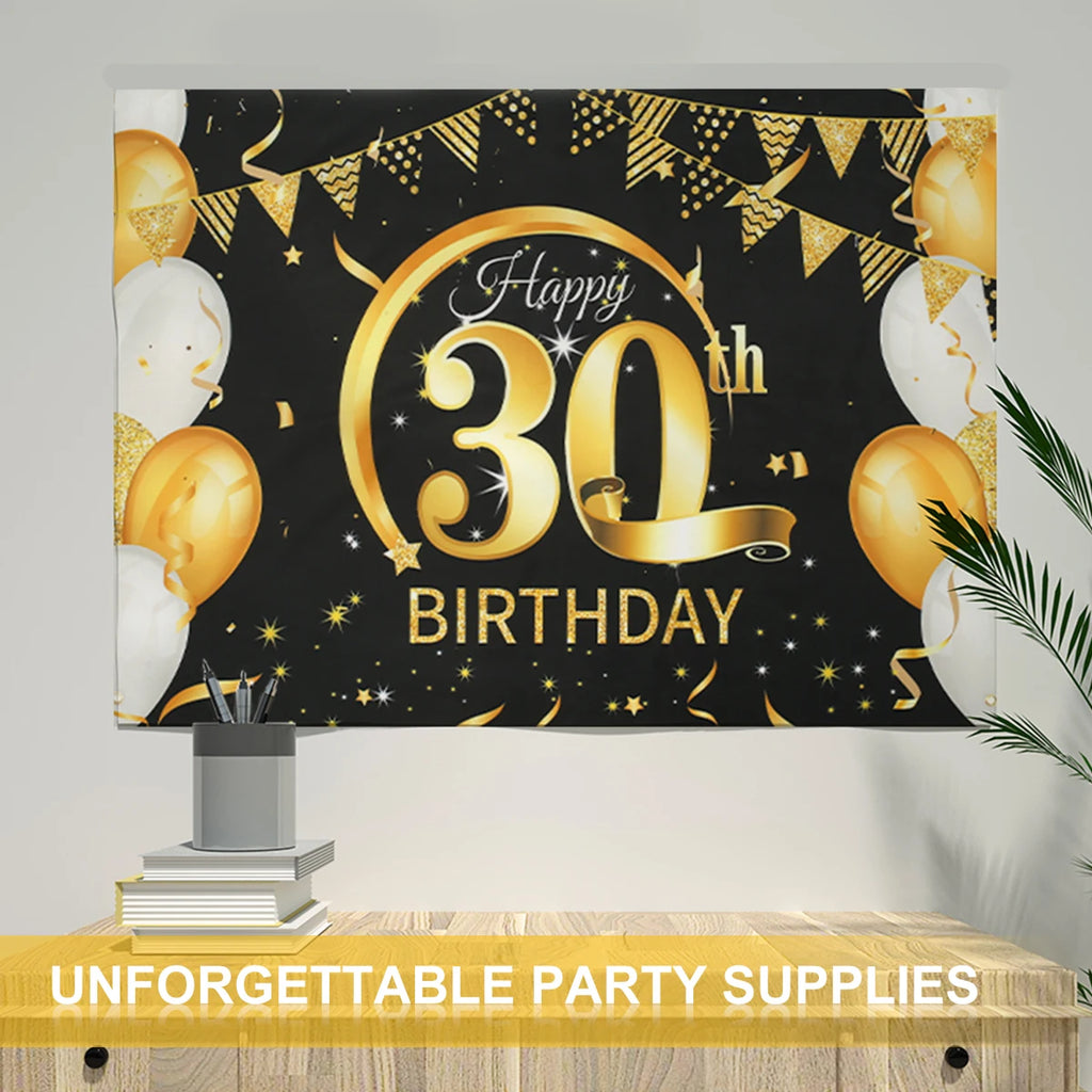 Black Gold Happy Birthday Banner 30th 40th 50th 60th Party Party Banner Nixie