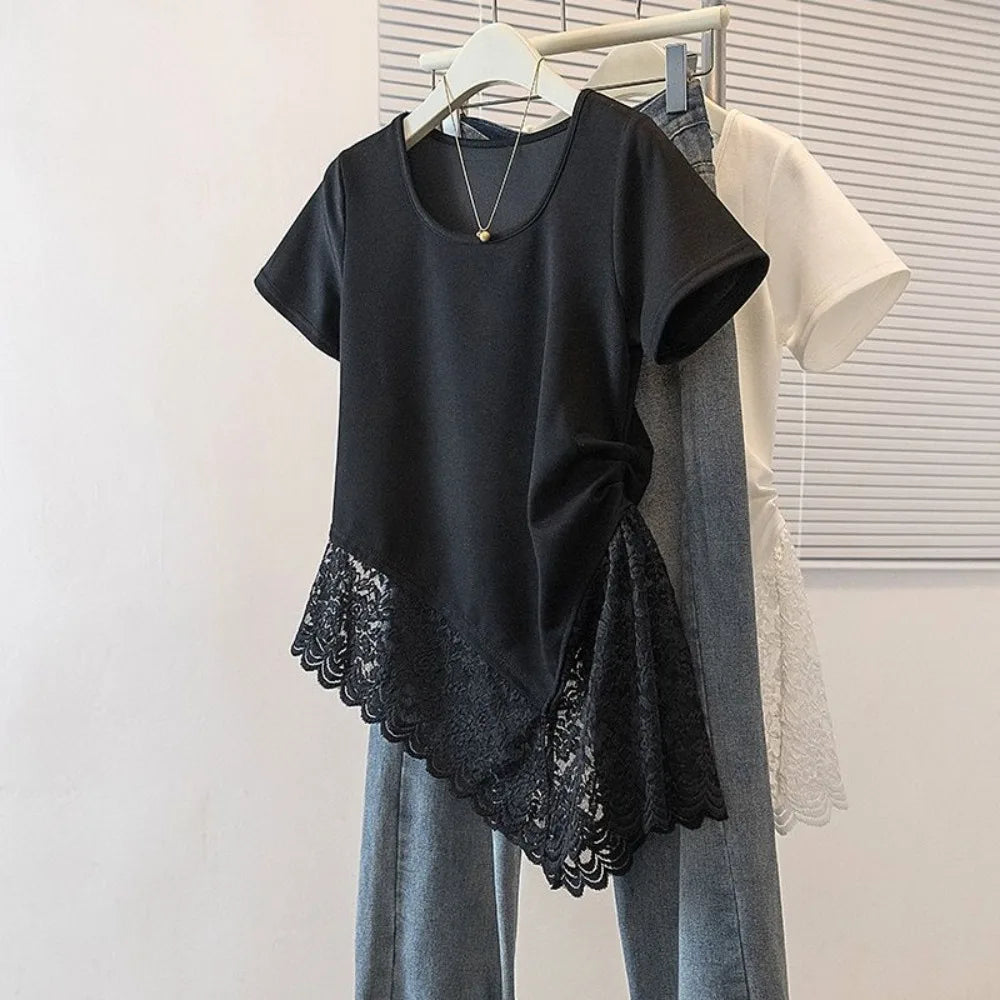 Women's Plus Size Lace Patchwork Short Sleeve Casual Top Lace Patchwork Blouse Nixie Black M