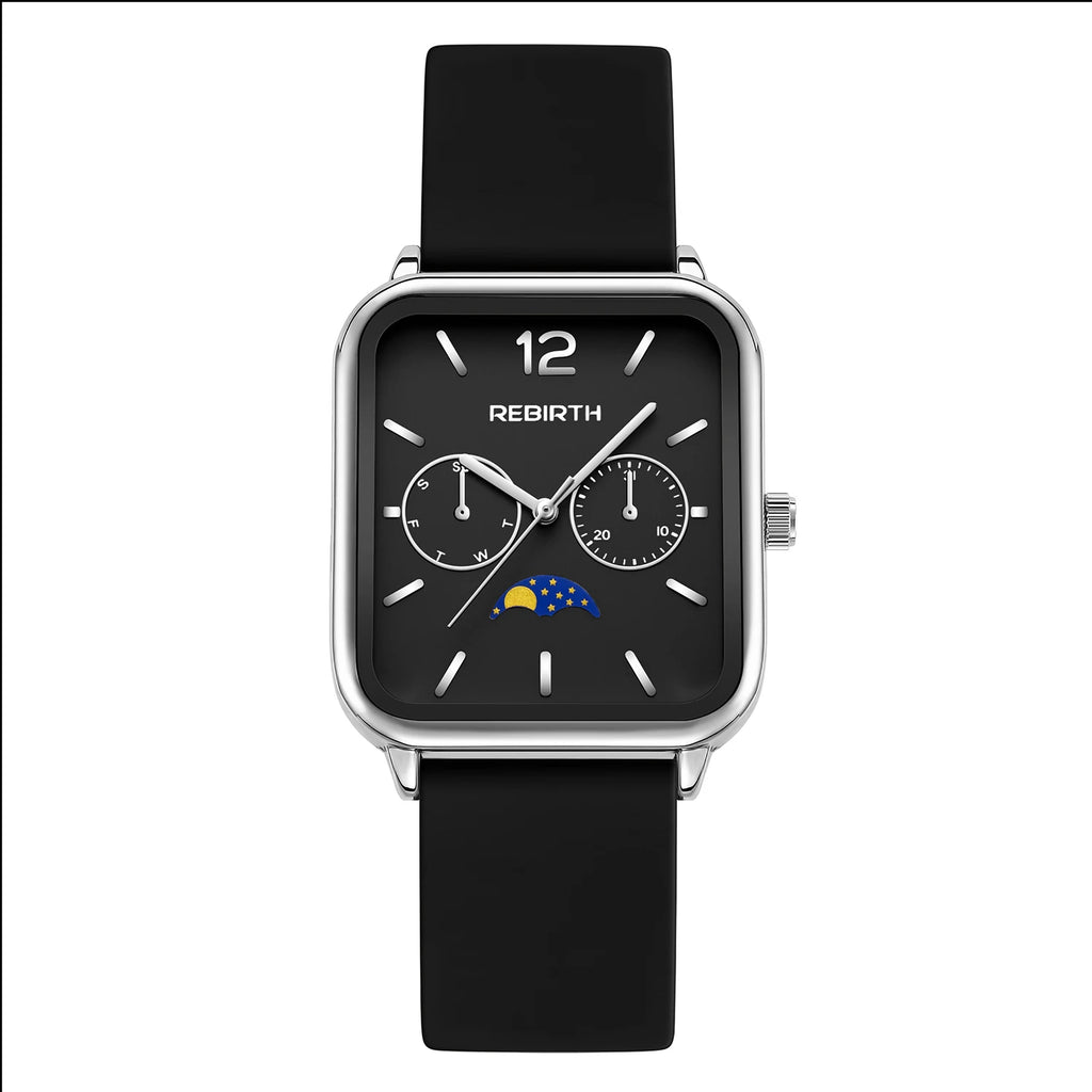REBIRTH Women's Slim Quartz Watch Silicone Strap Waterproof Women's Quartz Watch Nixie black